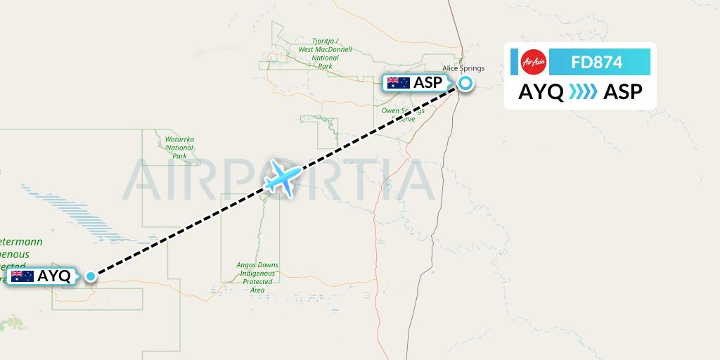 FD874 Thai AirAsia Flight Map: Ayers Rock to Alice Springs