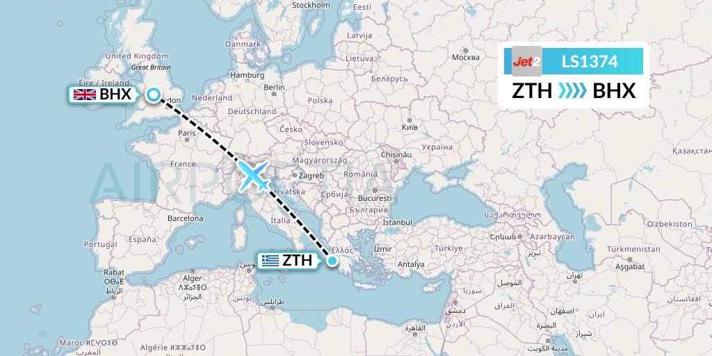 LS1374 Jet2 Flight Map: Zakynthos to Birmingham