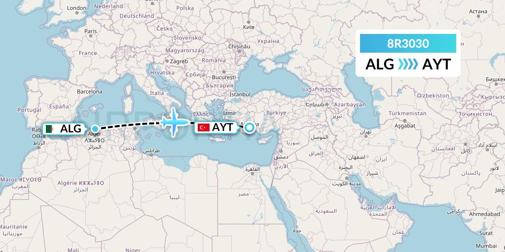 8R3030 Amelia Flight Map: Algiers to Antalya