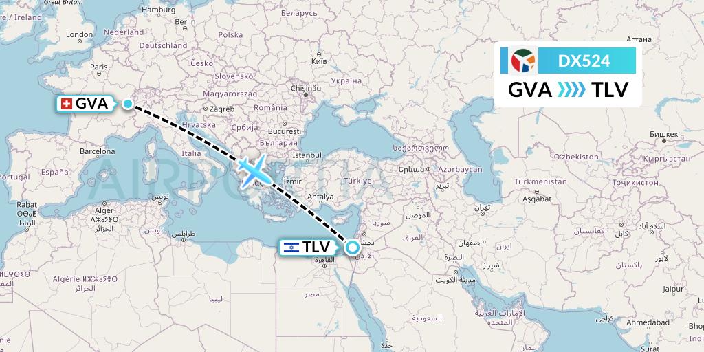 DX524 Danish Air Transport Flight Map: Geneva to Tel Aviv