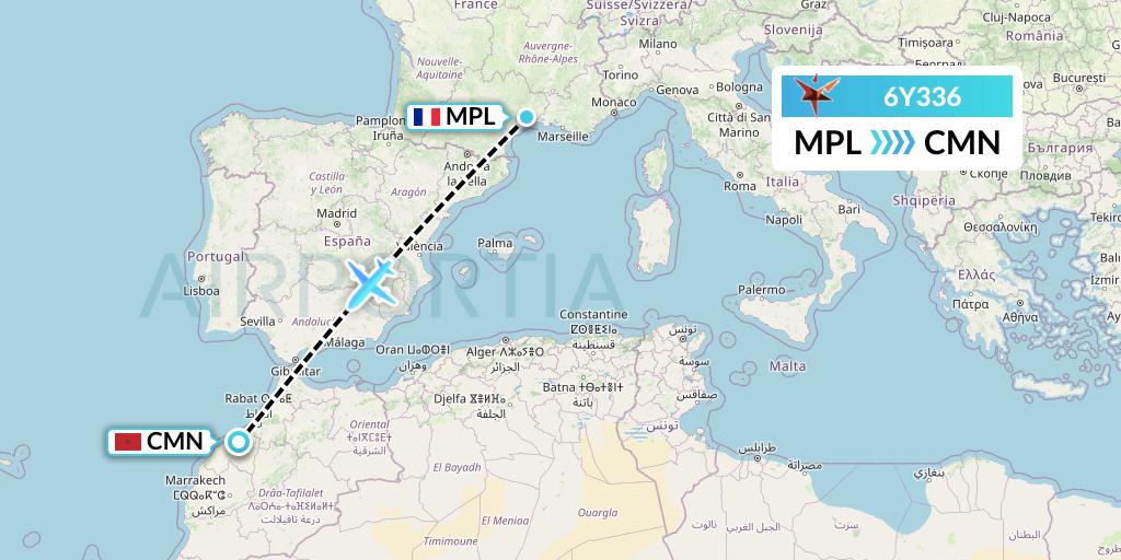 6Y336 SmartLynx Flight Map: Montpellier to Casablanca