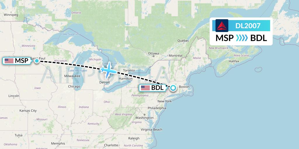 DL2007 Delta Air Lines Flight Map: Minneapolis to Windsor Locks