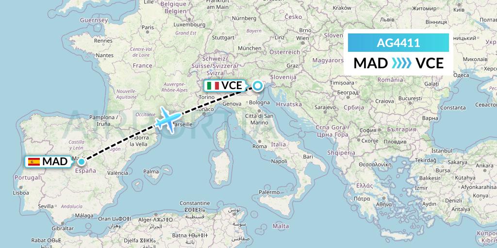 AG4411 Aruba Airlines Flight Map: Madrid to Venice