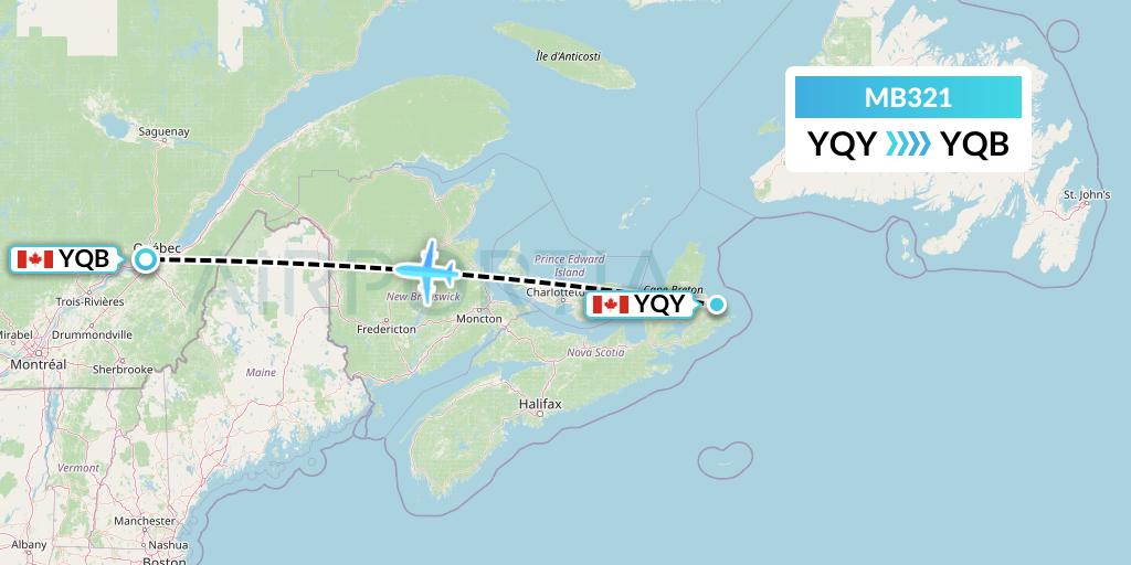 MB321 MNG Airlines Flight Map: Sydney to Quebec