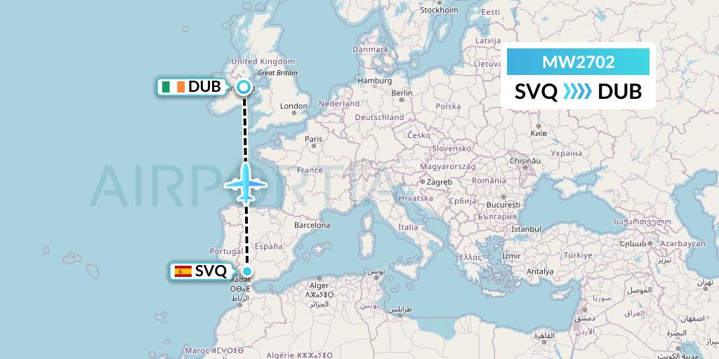 MW2702 Mokulele Flight Service Flight Map: Seville to Dublin