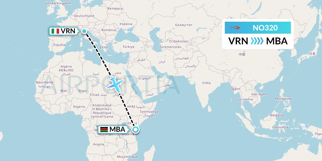 NO320 Neos Flight Map: Verona to Mombasa