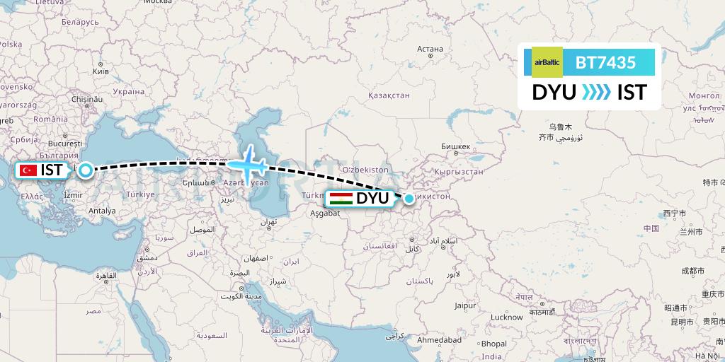 BT7435 Air Baltic Flight Map: Dushanbe to Istanbul