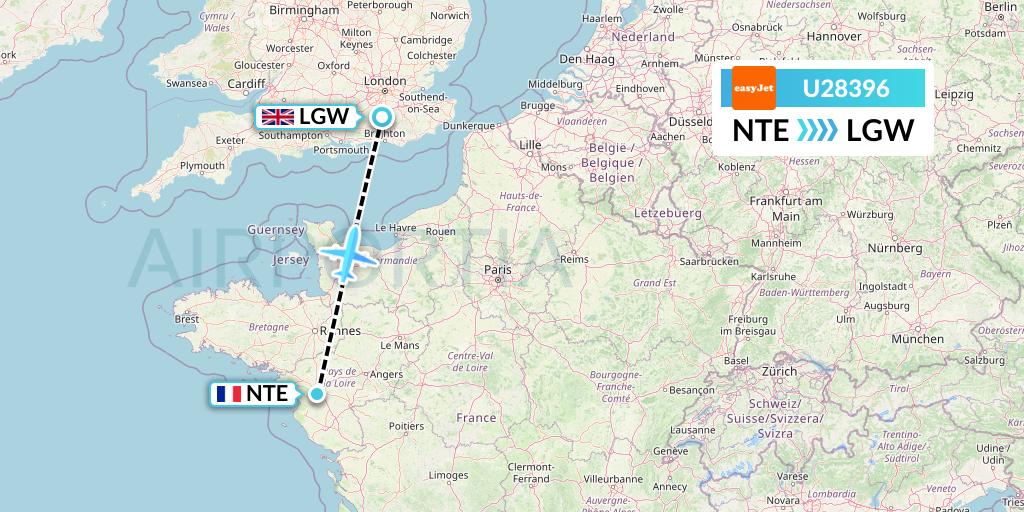 U28396 EasyJet Flight Map: Nantes to London
