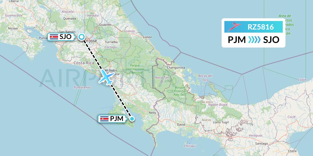 RZ5816 Sansa Airlines Flight Map: Puerto Jimenez to San Jose