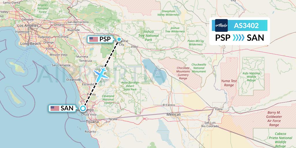 AS3402 Alaska Airlines Flight Map: Palm Springs to San Diego