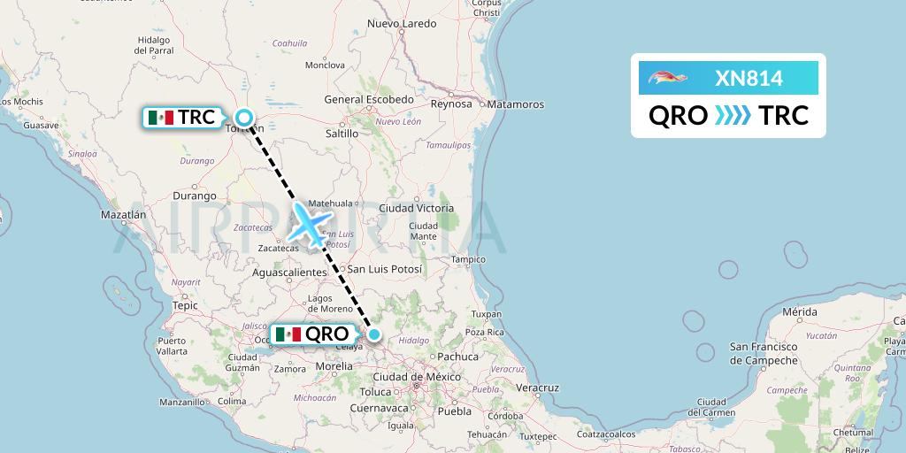 XN814 Express Air Flight Map: Queretaro to Torreon