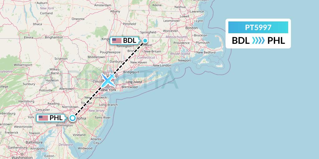 PT5997 Piedmont Airlines Flight Map: Windsor Locks to Philadelphia
