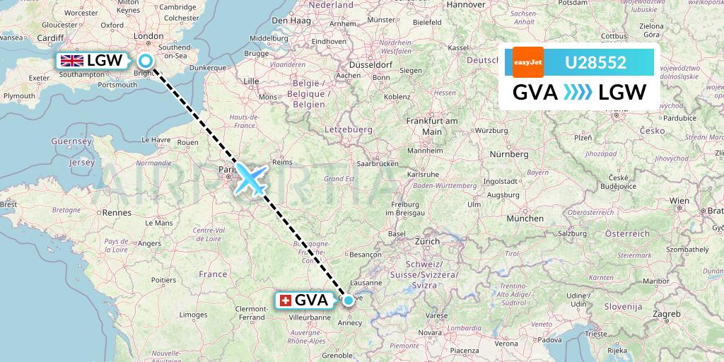 U28552 EasyJet Flight Map: Geneva to London