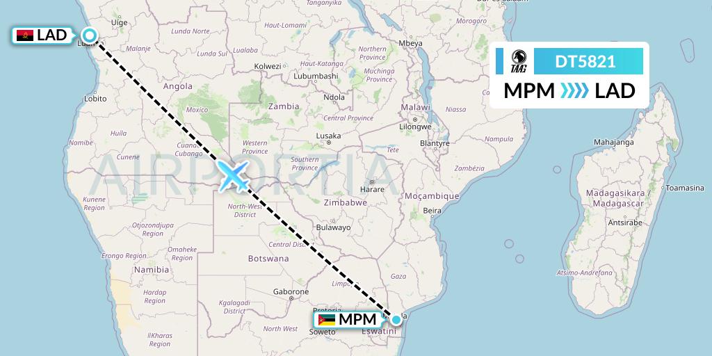 DT5821 TAAG Angola Airlines Flight Map: Maputo to Luanda