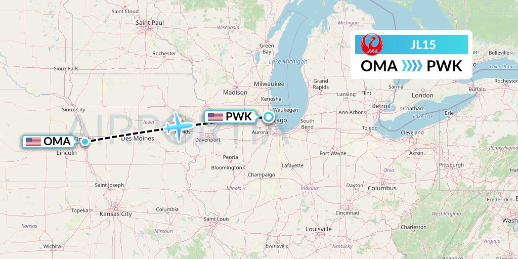 JL15 Japan Airlines Flight Map: Omaha to Chicago
