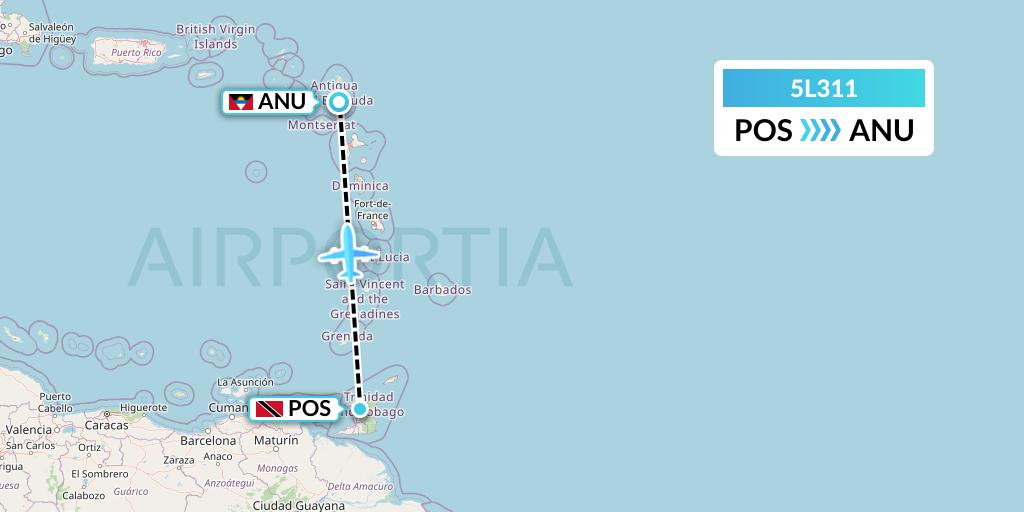 5L311 Fly Salone Airlines Limited Flight Map: Port of Spain to Antigua