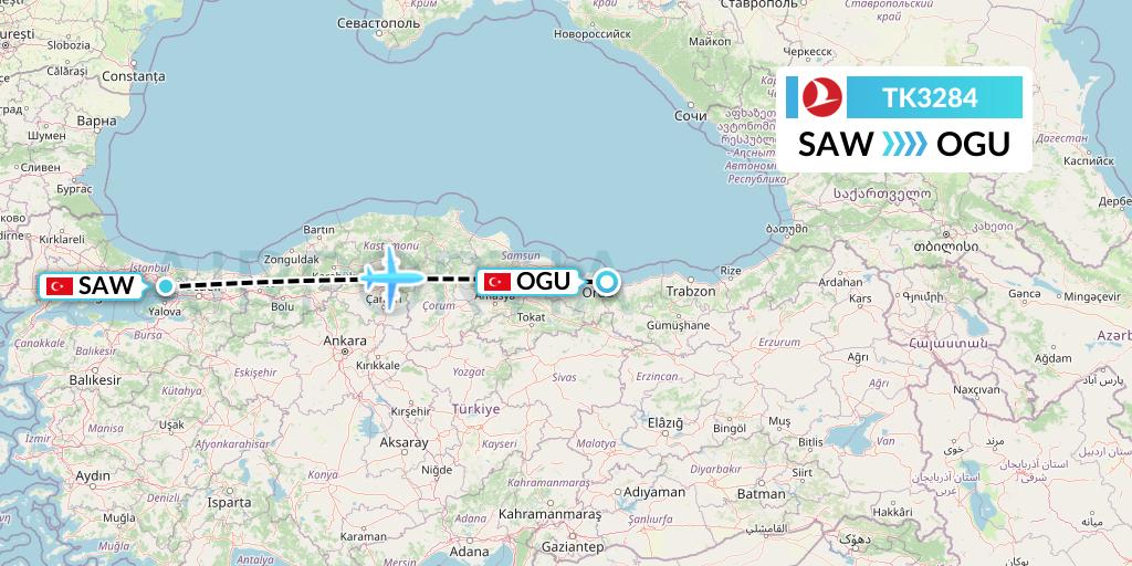 TK3284 Turkish Airlines Flight Map: Istanbul to Ordu