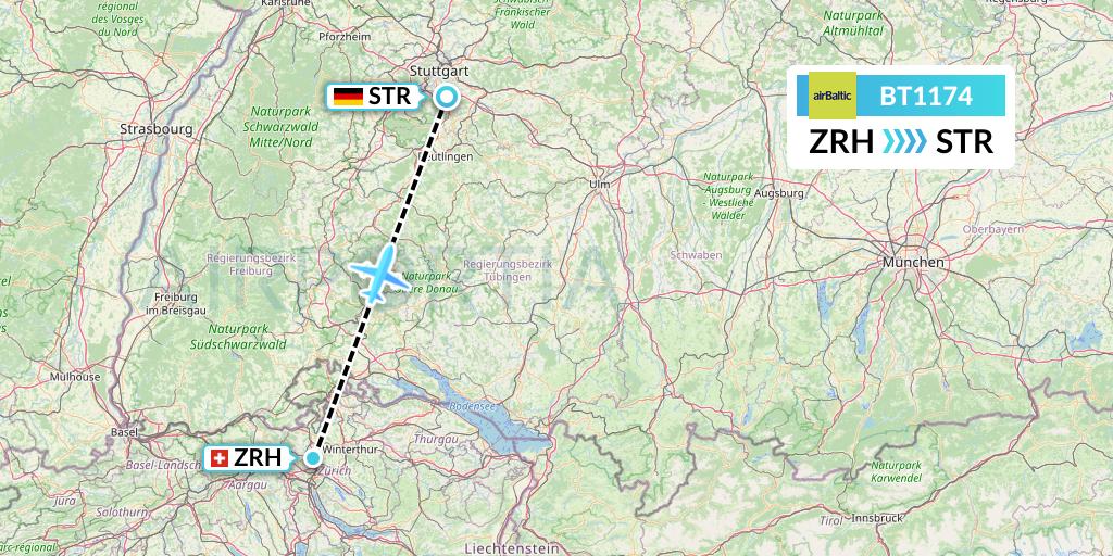 BT1174 Air Baltic Flight Map: Zurich to Stuttgart