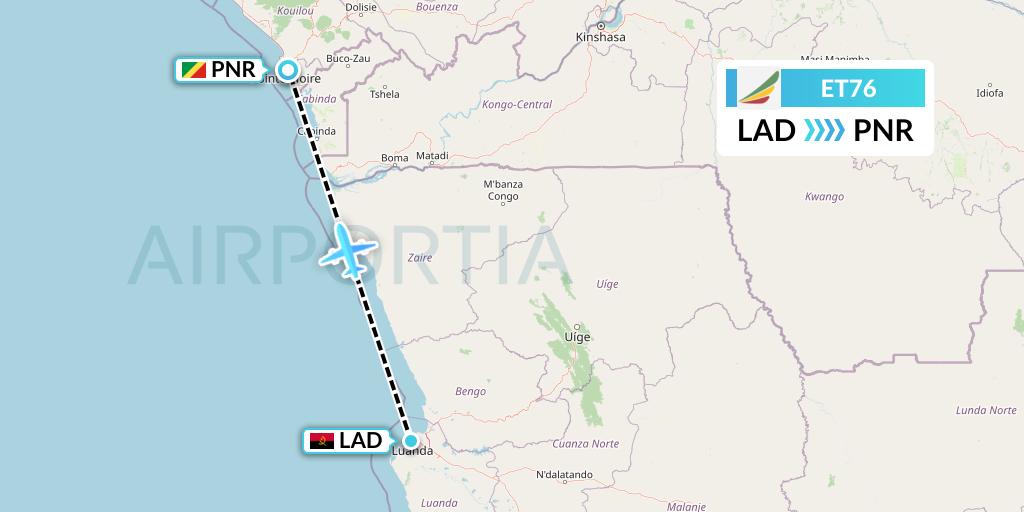 ET76 Ethiopian Airlines Flight Map: Luanda to Pointe Noire
