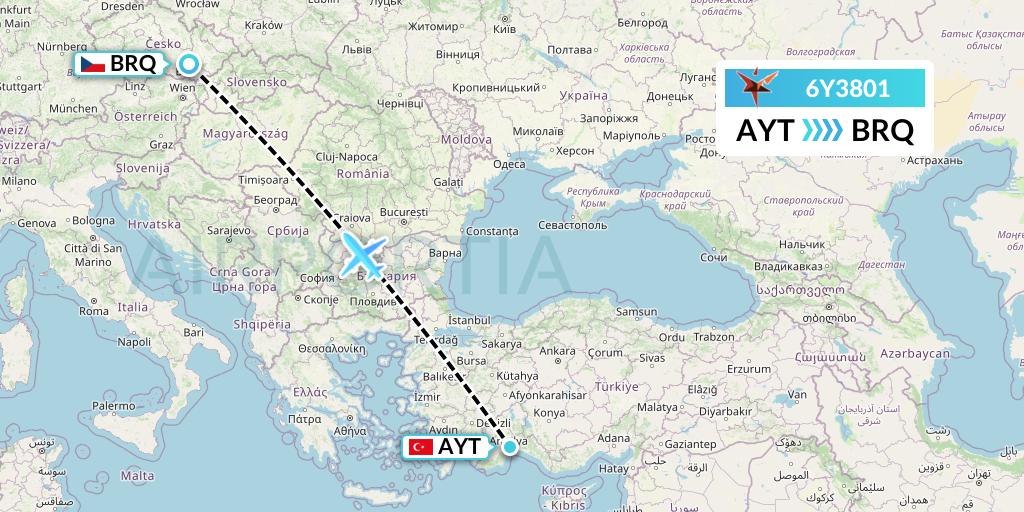 6Y3801 SmartLynx Flight Map: Antalya to Brno