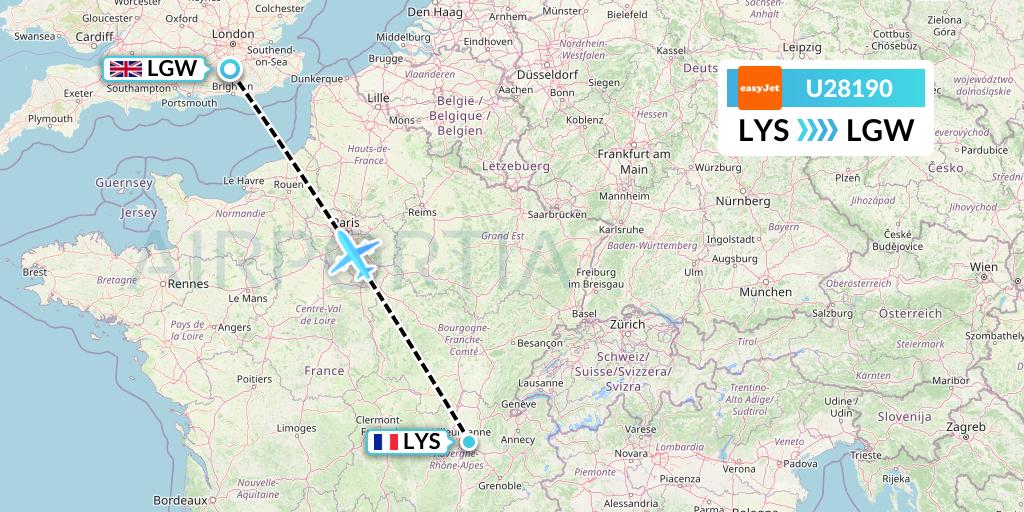 U28190 EasyJet Flight Map: Lyon to London