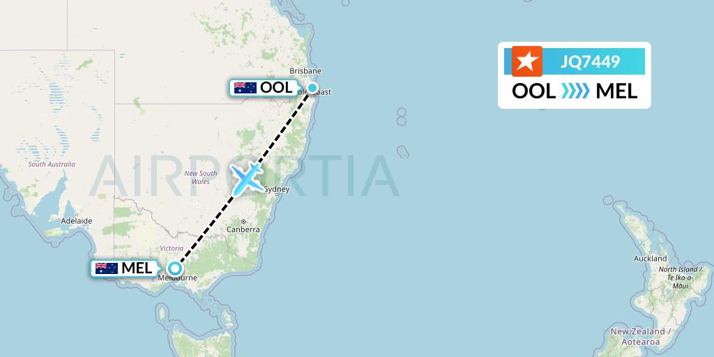JQ7449 Jetstar Airways Flight Map: Gold Coast to Melbourne
