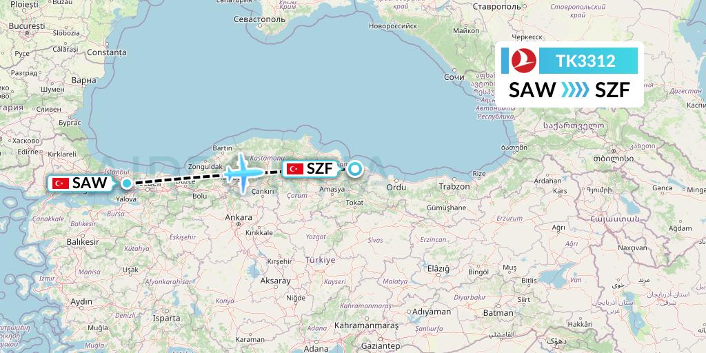 TK3312 Turkish Airlines Flight Map: Istanbul to Samsun
