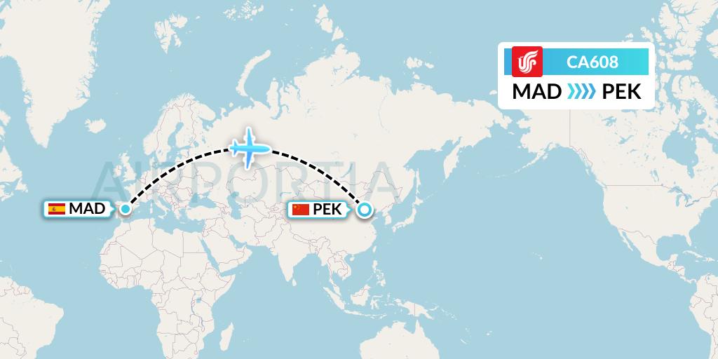 CA608 Air China Flight Map: Madrid to Beijing