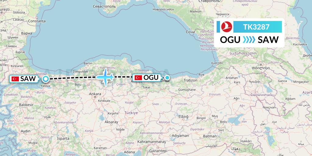 TK3287 Turkish Airlines Flight Map: Ordu to Istanbul