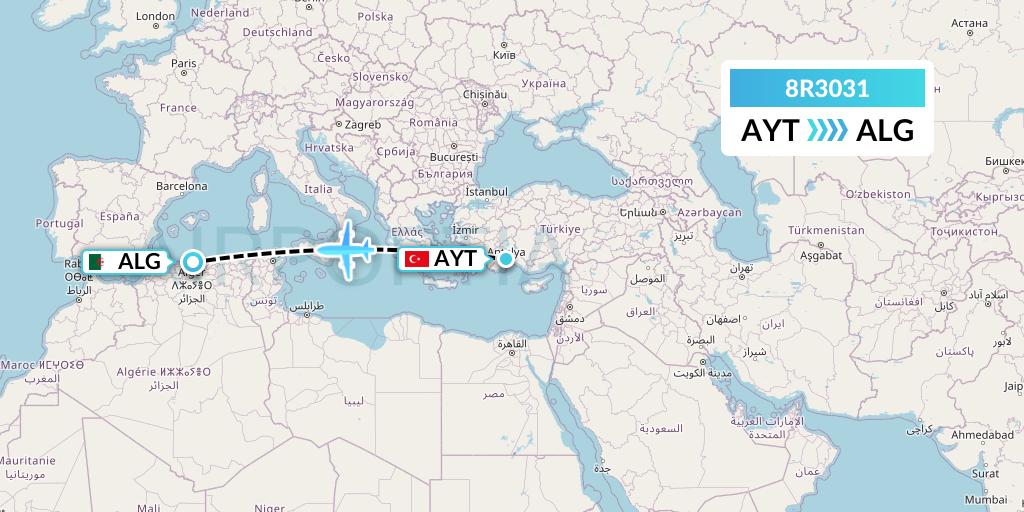 8R3031 Amelia Flight Map: Antalya to Algiers