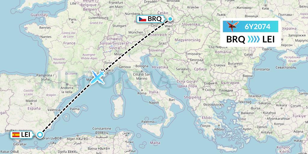 6Y2074 SmartLynx Flight Map: Brno to Almeria