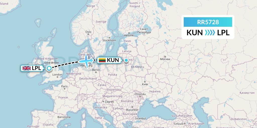 RR5728 Royal Air Force Flight Map: Kaunas to Liverpool