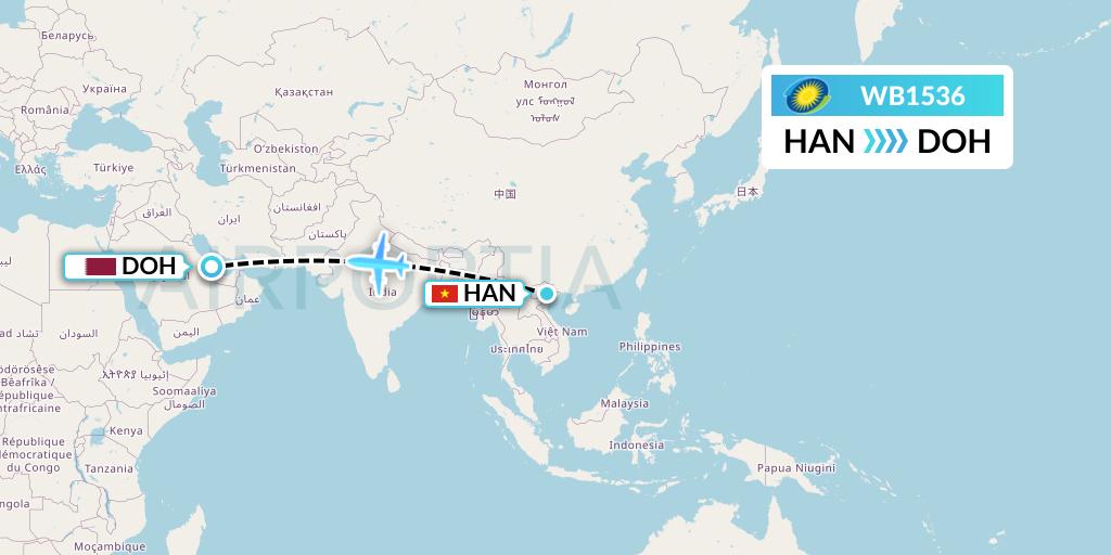 WB1536 RwandAir Flight Map: Hanoi to Doha