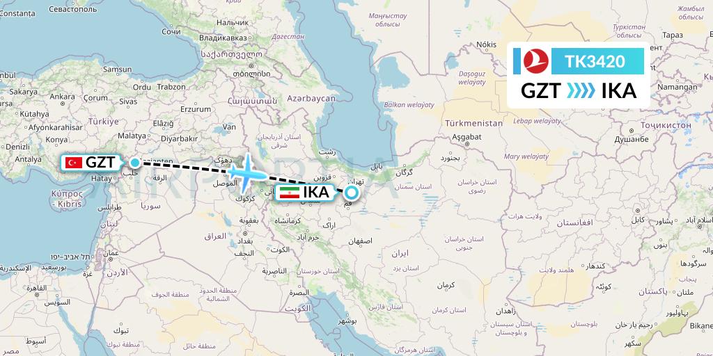 TK3420 Turkish Airlines Flight Map: Gaziantep to Tehran