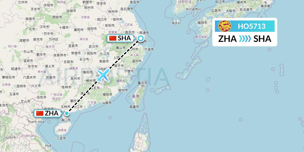 HO5713 Juneyao Airlines Flight Map: Zhanjiang to Shanghai