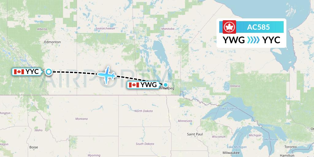 AC585 Air Canada Flight Map: Winnipeg to Calgary
