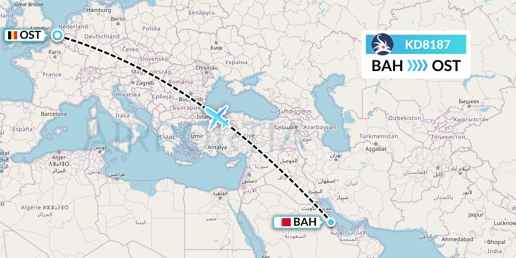 KD8187 KalStar Aviation Flight Map: Bahrain to Ostend