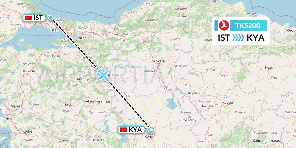 TK5200 Turkish Airlines Flight Map: Istanbul to Konya