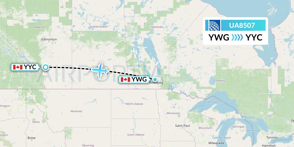 UA8507 United Airlines Flight Map: Winnipeg to Calgary