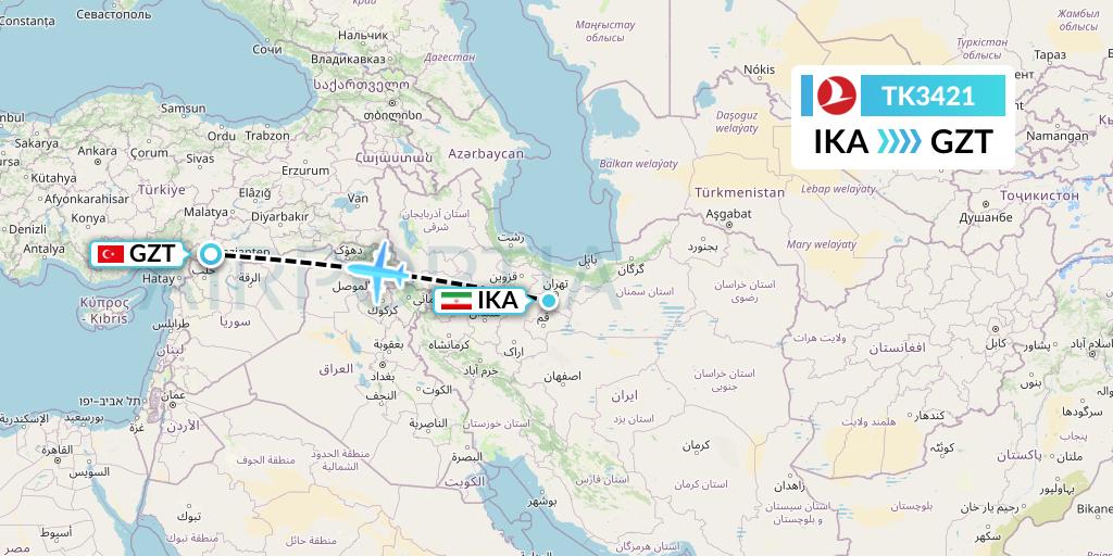 TK3421 Turkish Airlines Flight Map: Tehran to Gaziantep
