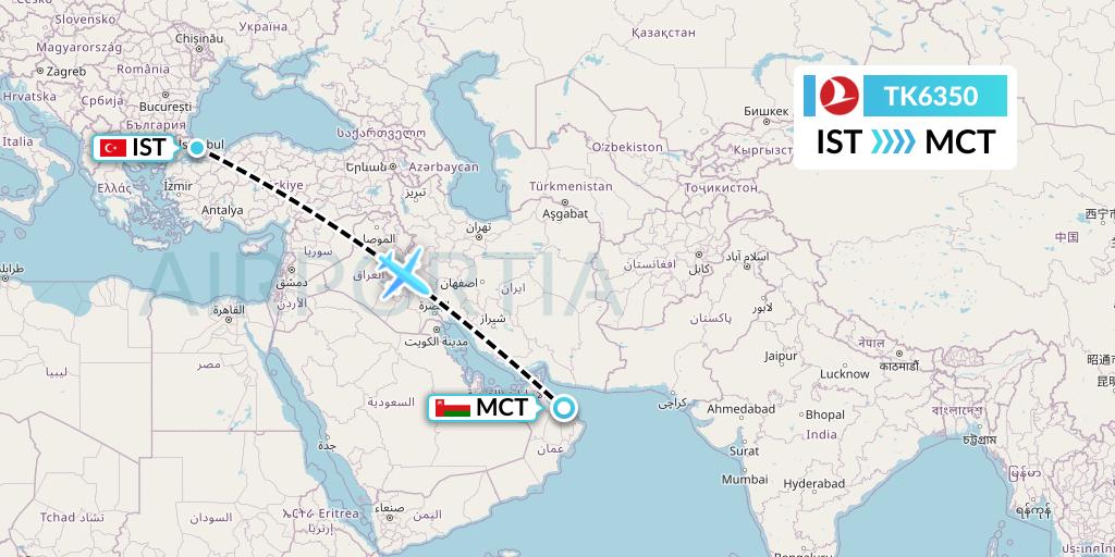 TK6350 Turkish Airlines Flight Map: Istanbul to Muscat