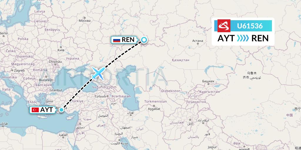 U61536 Ural Airlines Flight Map: Antalya to Orenburg
