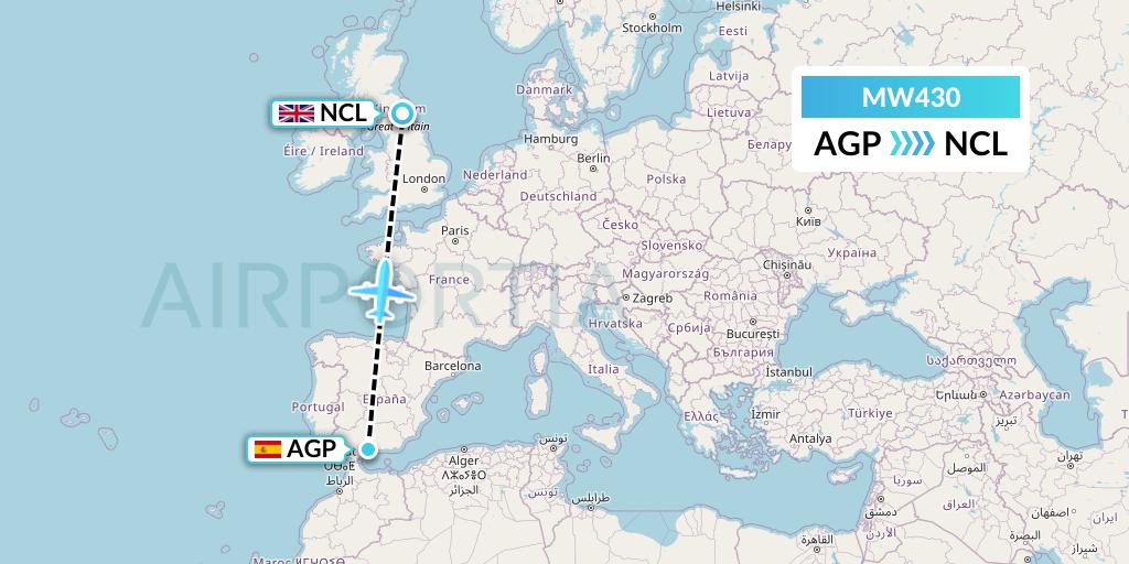 MW430 Mokulele Flight Service Flight Map: Malaga to Newcastle