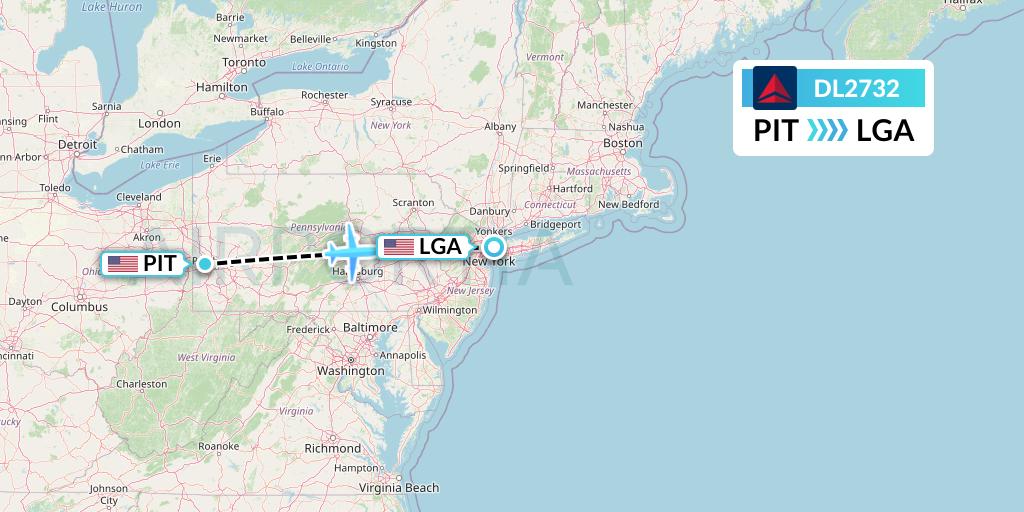 DL2732 Delta Air Lines Flight Map: Pittsburgh to New York