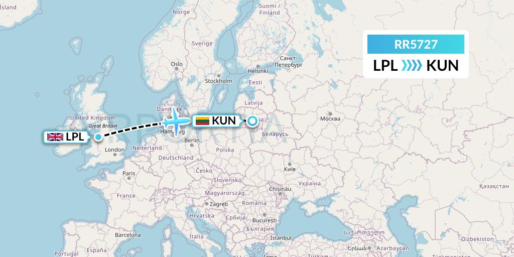 RR5727 Royal Air Force Flight Map: Liverpool to Kaunas