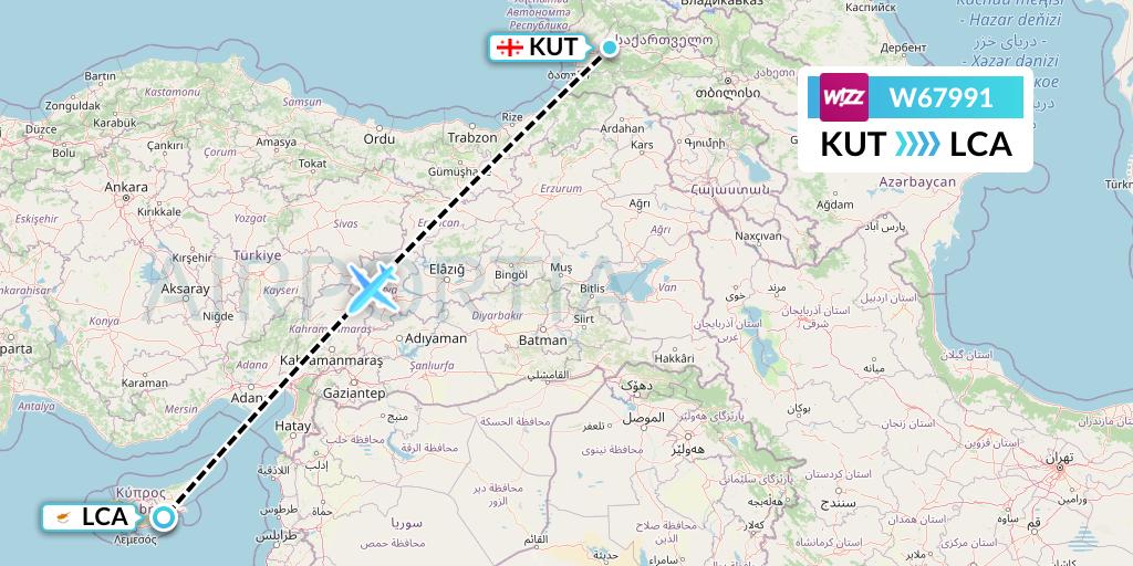 W67991 Wizz Air Flight Map: Kutaisi to Larnaca