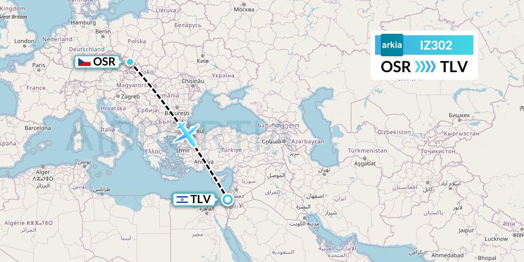 IZ302 Arkia Israeli Airlines Flight Map: Ostrava to Tel Aviv