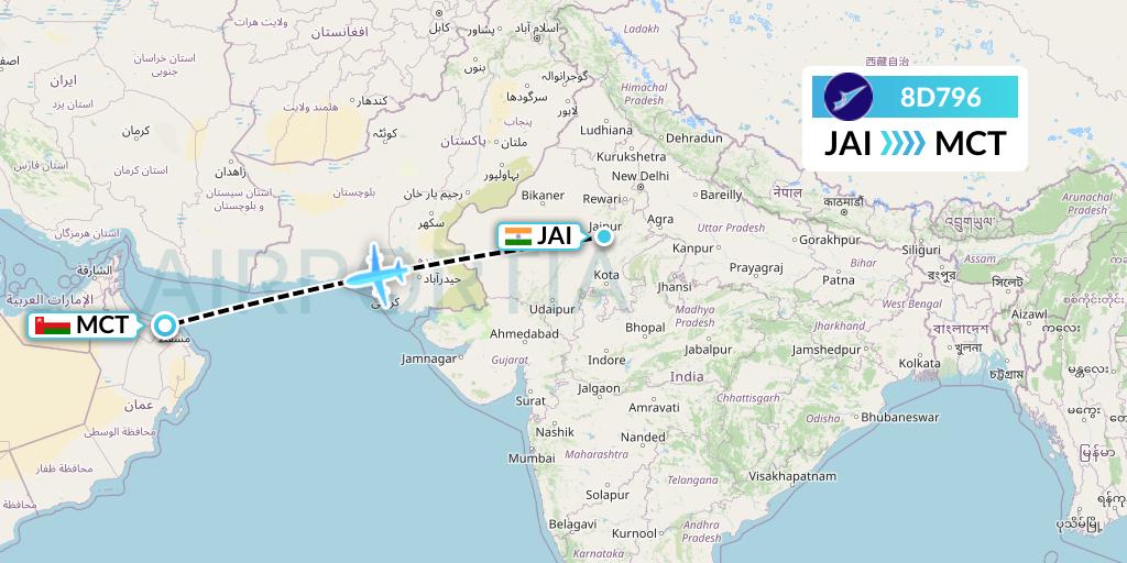 8D796 FitsAir Flight Map: Jaipur to Muscat