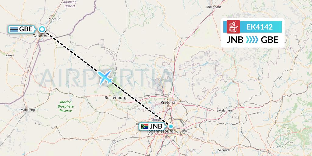 EK4142 Emirates Flight Map: Johannesburg to Gaborone