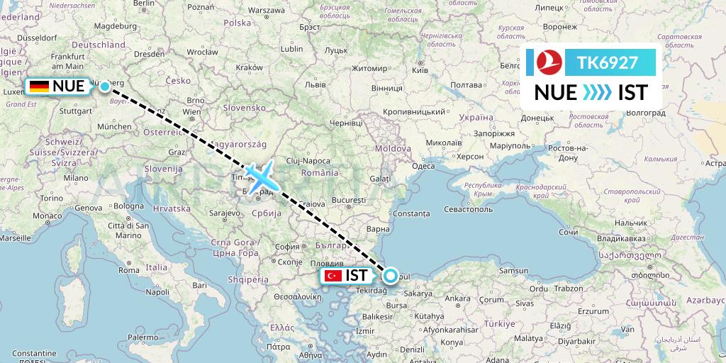 TK6927 Turkish Airlines Flight Map: Nurnberg to Istanbul